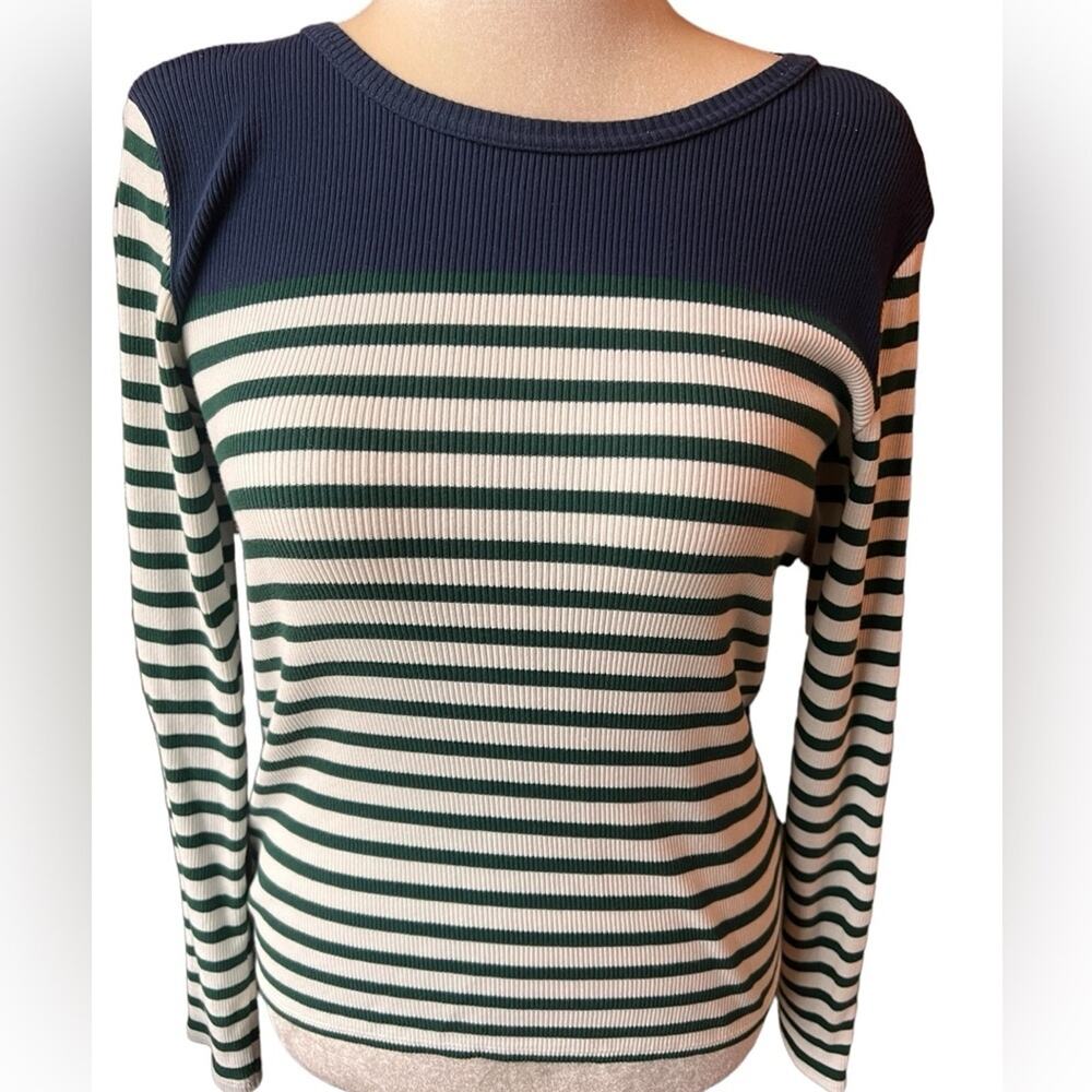 J. Crew Green/White/Navy Long Sleeve Striped Ribbed Top/Sweater - Medium